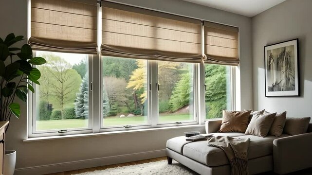 A living room with a couch and a plant. The couch is covered with a blanket. There are three windows in the room