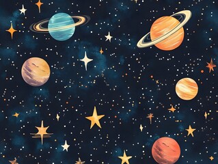 Naklejka premium Seamless Cosmic Pattern with Vibrant Planets Moons and Sparkling Stars in Night Sky Background