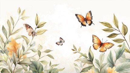 34.A watercolor vector illustration of botanical foliage, with delicate butterflies scattered among the leaves. The painting uses soft, earthy tones of green, yellow, and brown for the foliage,