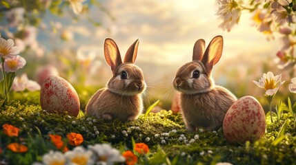 Two Brown Rabbits in Spring Meadow with Decorated Easter Eggs