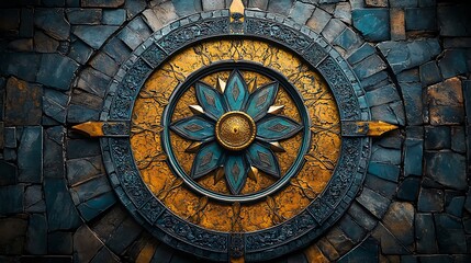 Obraz premium Decorative Blue and Gold Stone Compass Rose Embedded in a Textured Stone Wall