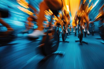 Spinning bike pedals in a high-energy indoor cycling class, with intense lighting and motion blur highlighting the speed and rhythm of the workout