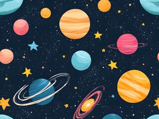 Fototapeta premium Mesmerizing Cosmic Pattern of Vibrant Planets Stars and Celestial Orbs in a Seamless Starry Night Sky Background