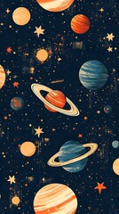 Naklejka premium Seamless Space and Stars Pattern Background with Planets Nebulae and Celestial Wonders
