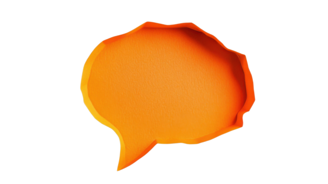 Bright orange speech bubble with a layered design