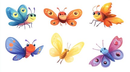 42.A collection of multicolored, smiling cartoon butterflies flying gracefully across a white background. Each butterfly is uniquely designed with playful features, ideal for use in party