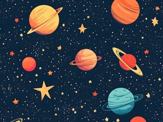 Seamless Cosmic Pattern with Vibrant Planets Stars and Celestial Bodies in Starry Night Sky