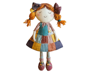DIY cloth doll with patchwork fabric and stitched details, featuring vibrant colors and cheerful expression. Perfect for imaginative play and decoration