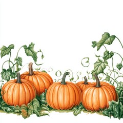 A painting of four pumpkins with green vines in the background