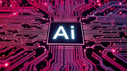 "AI" in a bright white square on a neon pink circuit board with glowing red lines 