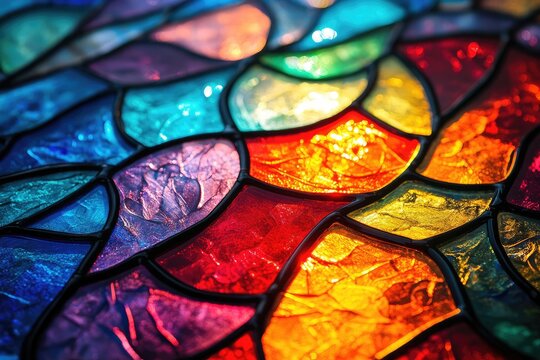 Stained glass patterns with vibrant, fragmented colors, creating a dynamic and colorful composition with intricate, light-catching designs