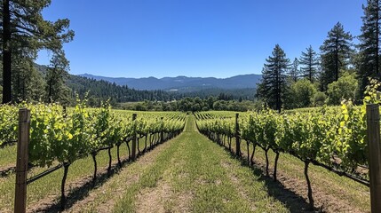 Naklejka premium Scenic vineyard with vibrant green vines and mountain backdrop under a clear blue sky, capturing the essence of rural tranquility.