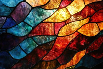 Stained glass patterns with vibrant, fragmented colors, creating a dynamic and colorful composition with intricate, light-catching designs