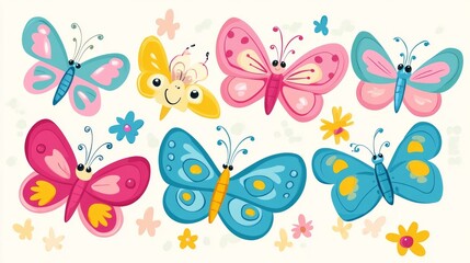 50.A vibrant collection of smiling, multicolored cartoon butterflies, each one designed with a cute, friendly face and colorful wings. The butterflies are depicted in cheerful colors like pink, blue,