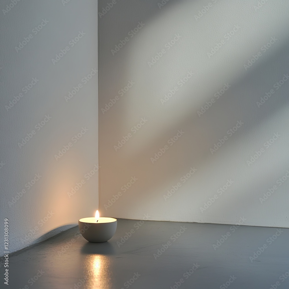 Poster a single lit candle in a minimalist setting, casting soft shadows on a plain wall, creating a serene