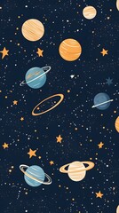 Seamless Starry Night Sky Pattern with Planets and Cosmic Elements
