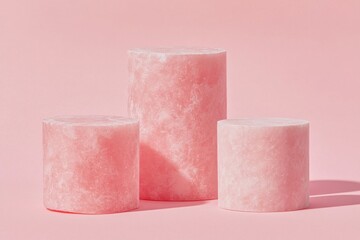 Three pink cylindrical podiums on pink background.