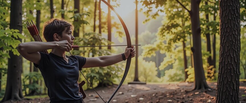 A woman is holding a bow and arrow in a forest. Concept of adventure and excitement, as the woman is preparing to shoot an arrow. The forest setting adds to the overall mood of the scene