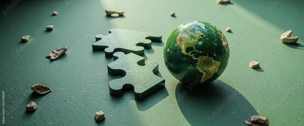 Poster a puzzle piece and a globe are placed on a table. the puzzle piece is missing a piece, and the globe
