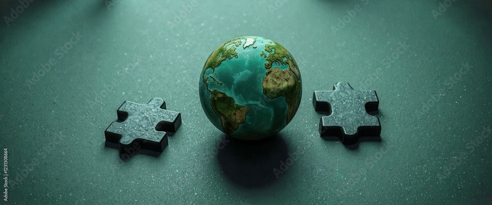 Poster a puzzle piece and a globe are placed on a table. the puzzle piece is missing a piece, and the globe