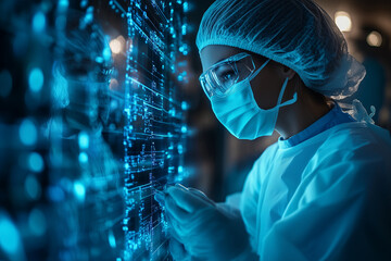 focused medical professional in protective gear analyzes digital data on futuristic screen, showcasing intersection of healthcare and technology