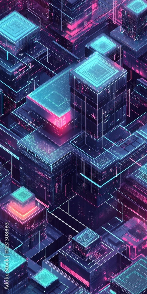 Poster a cityscape with buildings in neon colors. the buildings are arranged in a grid pattern, with some o