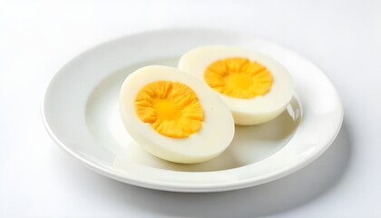 Sliced ​​boiled egg on white plate, white background