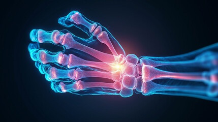 Detailed X-ray Visualization of a Human Hand Highlighting Bone Structure and Joint Pain Specifically in the Wrist Area