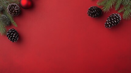Festive red background with pine cones and branches for holiday design.
