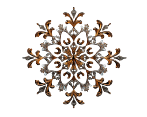 Intricate symmetrical snowflake design featuring ornate patterns and star at center, showcasing blend of silver and gold tones
