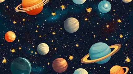 Dazzling Celestial Backdrop with Swirling Planets and Twinkling Stars in Seamless Cosmic Pattern
