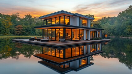 Obraz premium Charming Lakeside House Silhouetted Against Dazzling Sunset Sky with Vibrant Hues of Orange and Pink Reflecting on Calm Water Creating a Peaceful and Tranquil Evening Atmosphere