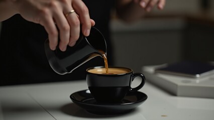 A hand pours espresso into a sleek black cup in a minimalist caf&eacute; with black-and-white design. The modern space and perfect pour create a refined, stylish coffee experience.
