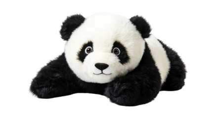 Adorable panda plush toy resting on transparent background