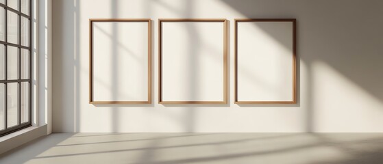 Fototapeta premium Three empty frames on sunlit wall with shadow patterns for artwork or design display.
