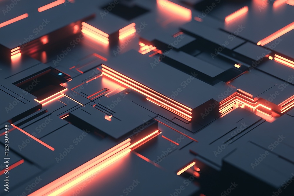 Poster a digital abstract image showcasing a futuristic circuit board with glowing orange lines and geometr