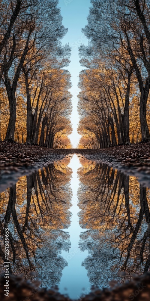 Poster a serene scene of autumn trees perfectly mirrored in a tranquil waterway, creating a symmetrical and