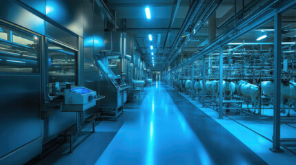 Obraz premium High-tech automated factory interior with robotic machinery and blue lighting representing modern industrial automation and smart manufacturing