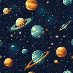 Seamless Space and Stars Pattern Background with Planets and Celestial Bodies