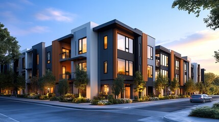Contemporary Urban Living Showcasing a Row of Stylish Apartment Buildings with a Welcoming Street Scene Inviting Residents and Visitors to Experience Modern City Lifestyle and Architecture