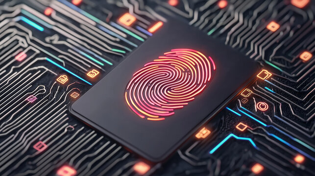 A vibrant fingerprint is illuminated on a sleek, dark background filled with intricate circuit patterns.