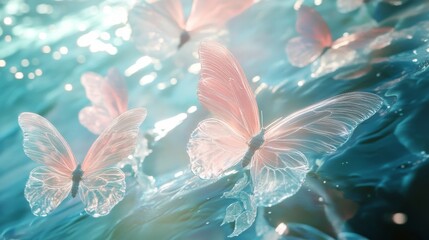 Fototapeta premium 78.A detailed 3D image of delicate holographic butterflies in soft hues of pink and white, gracefully drifting in an underwater scene. The butterflies have intricate, ethereal wings that glisten with