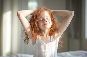 Fototapeta premium Child Stretching in Bright Room with Curly Red Hair and White Attire