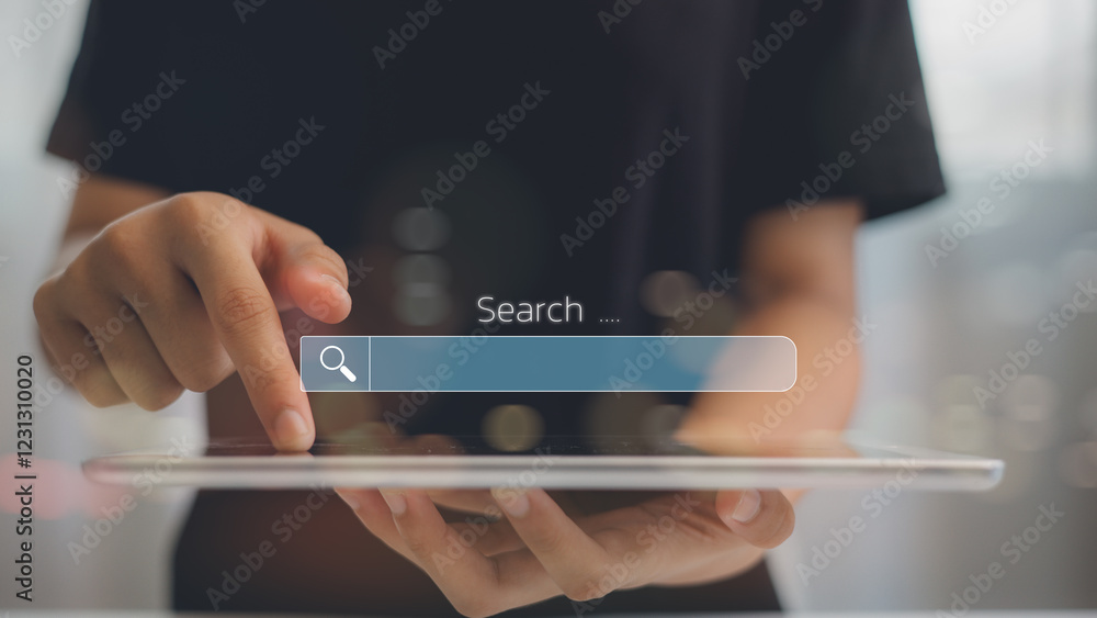 Aufkleber data search technology search engine optimization. a man using a tablet to search for information. m