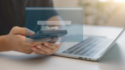 SEO, Search Engine Optimization. A man searching the information, internet browsing. Web page banner, data search technology