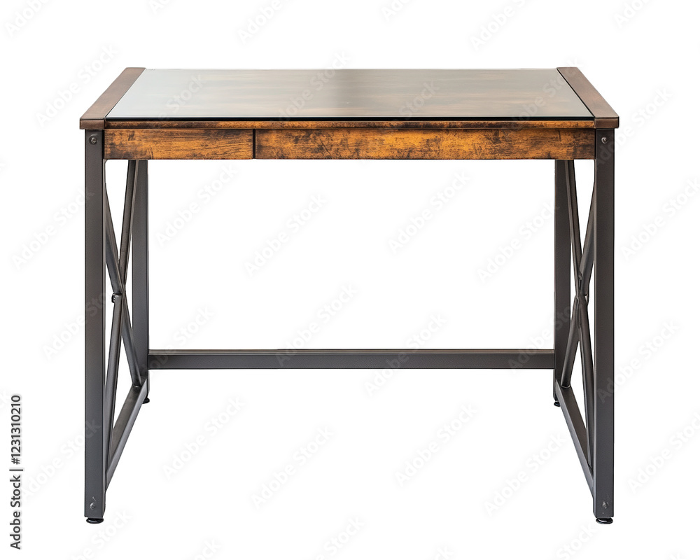 Poster modern glass top computer desk with sturdy metal frame, featuring rustic wooden drawer. ideal for ho