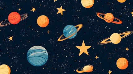 Fototapeta premium Seamless Cosmic Pattern of Planets Stars and Celestial Objects in the Night Sky