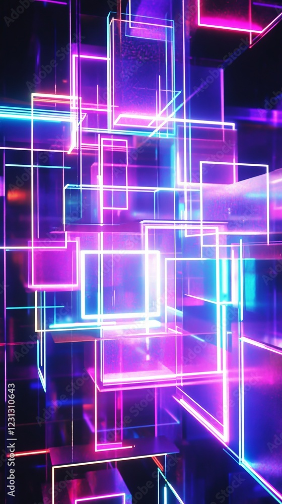 Poster a dynamic abstract image featuring glowing neon rectangles in a futuristic geometric pattern, showca