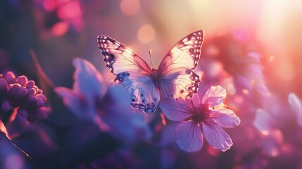 93.A soft-focus image of a butterfly perched on a colorful flower, its wings gently open to display intricate patterns. The flower blooms in hues of pink and purple, complementing the delicate