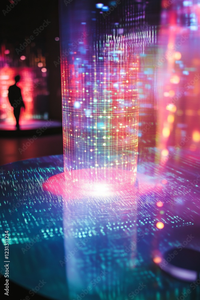 Poster a colorful, glowing, and abstract design is displayed on a table. a person is standing behind the ta